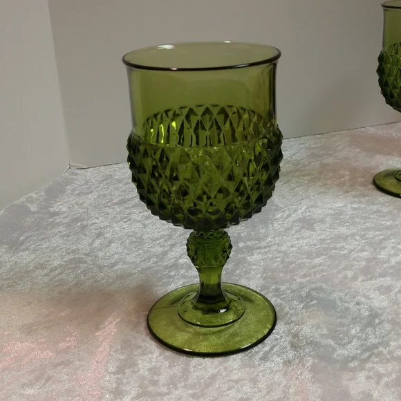 Vintage Glass Diamond Point Green Water Goblet, Mid Century Glass - Picture 1 of 9